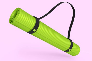 Yeşil yoga minderi ya da pembe arka planda izole edilmiş hafif köpüklü kamp yastığı. Spor malzemelerinin fitness, yoga ve aktif egzersiz için 3D yorumlanması