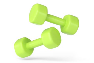 Beyaz arka planda izole edilmiş bir çift lastik yeşil dambıl. Spor malzemelerinin fitness ve powerlift için 3D yorumlaması