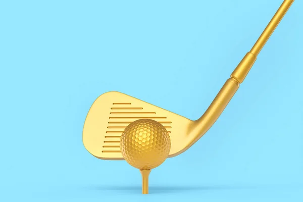 Gouden Golfclub Bal Geïsoleerd Blauwe Achtergrond Rendering Van Sportuitrusting Voor — Stockfoto