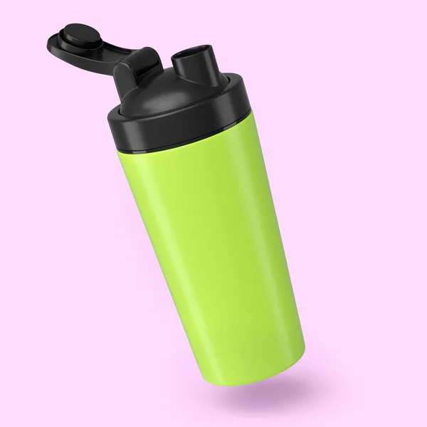 Groene Plastic Sport Shaker Voor Eiwit Drank Geïsoleerd Roze Achtergrond — Stockfoto