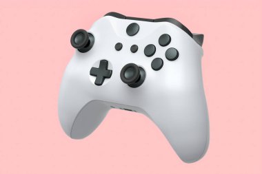 Pembe arka planda video oyunu kontrolörü için gerçekçi beyaz joystick. Bulut oyunu ve oyun alanı çalışma alanı konsepti için 3 boyutlu görüntüleme