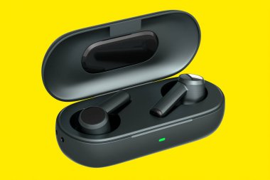 Sarı arka planda baz kutusunda kablosuz kulaklıkların 3 boyutlu görüntüsü. Egzersiz ya da dinleme hizmetleri için kulaklık kavramı