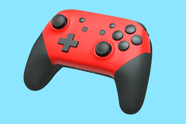青の背景にビデオゲームコントローラーのための現実的な赤いジョイスティック クラウドゲームやゲーマーのワークスペースのコンセプトのためのストリーミングギアの3Dレンダリング — ストック写真