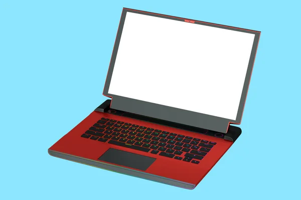 3D渲染的现代红色游戏笔记本电脑与Rgb灯隔离黄色背景 电脑及云彩游戏的概念 — 图库照片