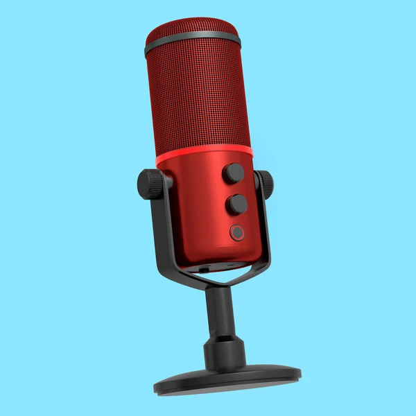 Rendering Red Studio Condenser Microphone Isolated Blue Background Concept Cloud — Stock Photo, Image