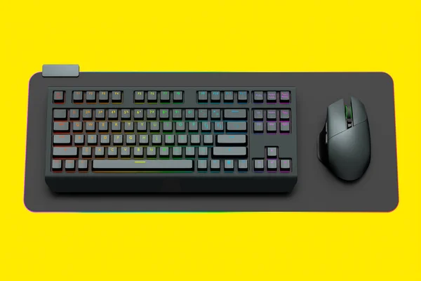 Computertastatur Und Maus Auf Professionellem Pad Isoliert Auf Gelbem Hintergrund — Stockfoto