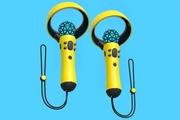 Virtual reality yellow controllers for online and cloud gaming on blue background. 3D rendering of device for augmented reality or VR