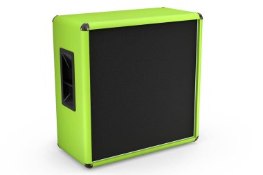 Beyaz zemin üzerinde klasik elektrik ve akustik gitar amplifikatörü izole edildi. Stüdyo veya prova odasında bas gitar kaydetmek için 3D yükseltici