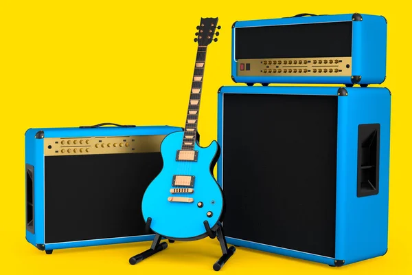Classical amplifier with electric or acoustic guitar on stand isolated on yellow background. 3d render of amplifier for recording bass guitar in studio or rehearsal room