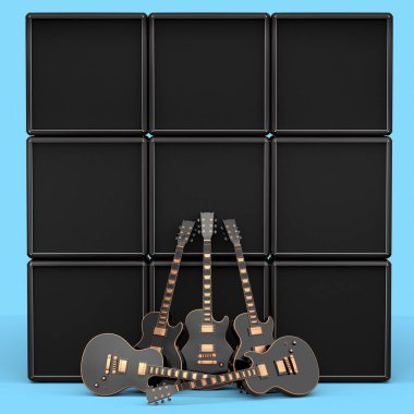 Mavi arka planda elektrikli akustik gitar ve amplifikatör seti. Müzik dükkanı için heavy metal gitarlı 3D rock festivali posteri.