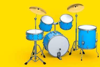 Sarı arka planda metal zilleri olan gerçekçi davullar. 3D render müzik perküsyon enstrümanı, davul makinesi ve bateri seti