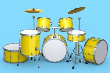 Mavi arka planda metal zilleri olan gerçekçi davullar. 3D render müzik perküsyon enstrümanı, davul makinesi ve bateri seti