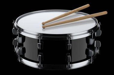 Gerçekçi davul ve siyah arka planda tahta bagetler. 3D render müzik aleti, davul makinesi konsepti.