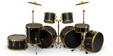 Beyaz arka planda metal zilleri olan gerçekçi davullar. 3D render müzik perküsyon enstrümanı, davul makinesi ve bateri seti
