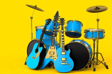 Tribünlerde metal zilleri ve sarı arka planda akustik gitarları olan gerçekçi davullar. 3D render müzik perküsyon enstrümanı, davul makinesi ve bateri seti