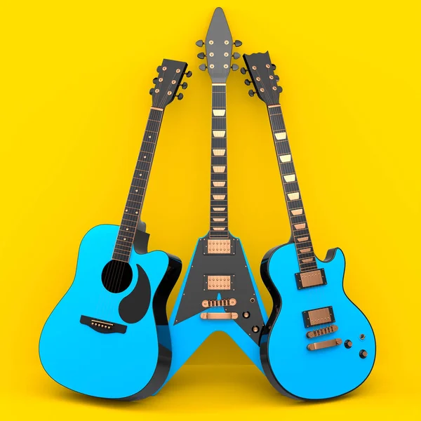 Sada Elektrické Akustické Kytary Izolované Žlutém Pozadí Vykreslení Konceptu Pro — Stock fotografie