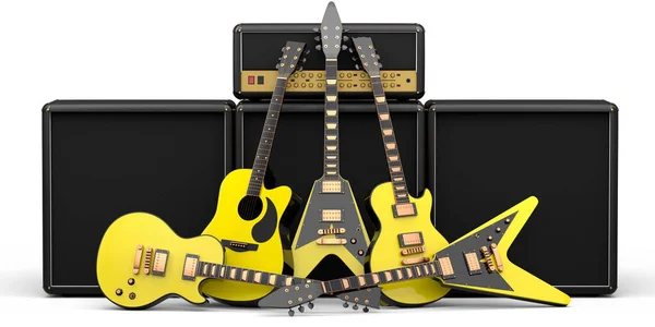 白い背景にエレクトリックアコースティックギターとアンプのセット 音楽ショップのための重い金属ギターとロックフェスティバルポスターのための概念の3Dレンダリング — ストック写真