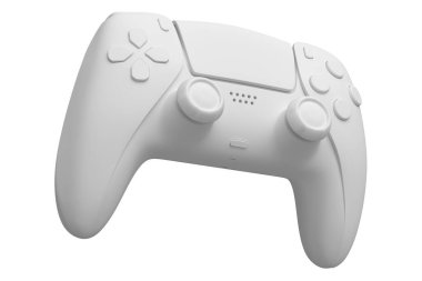 Beyaz tek renkli arka planda gerçekçi video oyunu joystick 'i. Bulut oyunu ya da şampiyon ve kazanan ödülleri konsepti için 3B yayın ekipmanı