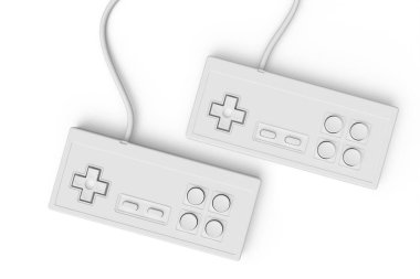 Retro bilgisayar oyun kontrolörleri, beyaz arka planda joystick. Eski dikdörtgen oyun alanı 3d canlandırma kavramı.