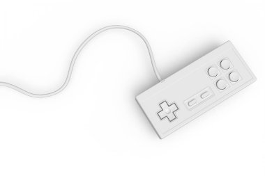 Monokrom beyaz arka planda eski bilgisayar oyun kumandası joystick. Eski dikdörtgen oyun alanı 3d canlandırma kavramı.