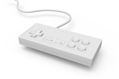 Monokrom beyaz arka planda eski bilgisayar oyun kumandası joystick. Eski dikdörtgen oyun alanı 3d canlandırma kavramı.