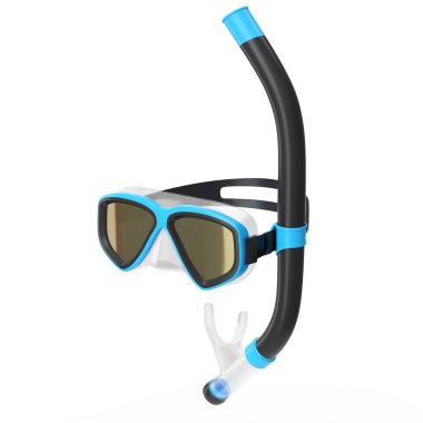 Mavi dalış maskesi ve şnorkel beyaz arka planda izole edilmiş. 3D dalış ve şnorkelle yüzme ekipmanı