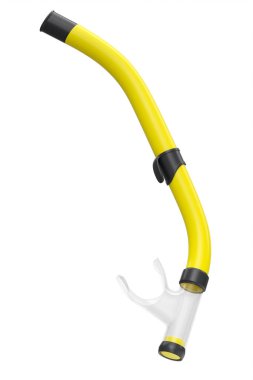 Beyaz arka planda izole edilmiş havuzda yüzmek ve dalmak için sarı şnorkel. Yaz tatili için 3D dalış ve şnorkelle dalış ekipmanı.