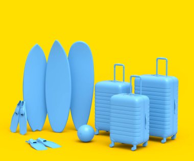 Tek renkli sarı arka planda plaj topu ve sörf tahtası olan bavul. Yaz tatili konsepti ve tatillerinin 3 boyutlu canlandırması