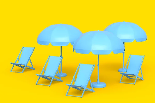 有遮阳伞的海滩椅子和单色黄色背景的海滩球 暑假概念的3D渲染 — 图库照片