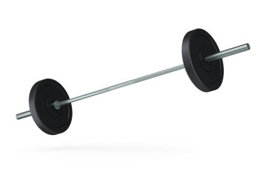 Beyaz arkaplanda soyut metal halterler var. Spor malzemelerinin fitness ve powerlift için 3D yorumlaması