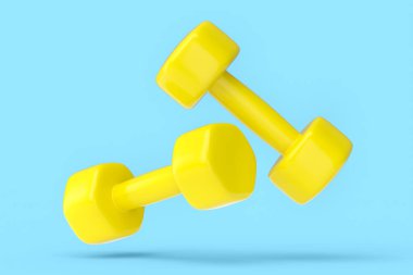 Mavi arka planda izole edilmiş bir çift sarı dambıl. Spor malzemelerinin fitness ve powerlift için 3D yorumlaması