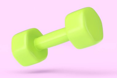Kauçuk yeşili dambıl pembe arka planda izole edilmiş. Spor malzemelerinin fitness ve powerlift için 3D yorumlaması