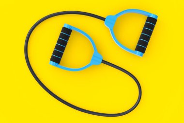 Sarı arka planda kauçuk saplı el genişletme bandı veya direnç bandı var. Spor malzemelerinin fitness, trx ve powerlift için 3d yorumlanması