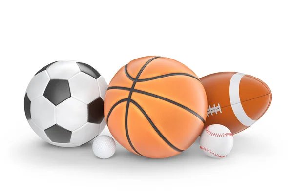 一套像篮球 美式足球和高尔夫一样的球被隔离在白色的背景之下 3D为团队游戏提供体育配件 — 图库照片