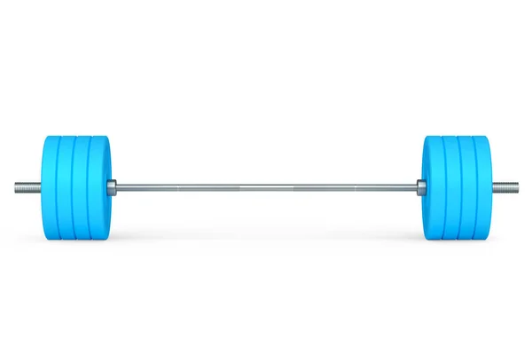 带蓝色圆盘的带白色背景的抽象金属棒 3D提供用于健身和举重的体育设备 — 图库照片