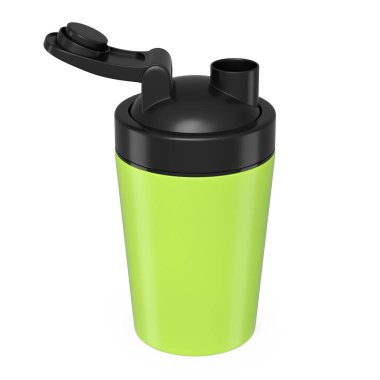 Beyaz arka planda izole edilmiş protein içeceği için yeşil plastik karıştırıcı. Spor gıda kokteyl kabının 3 boyutlu sunucusu