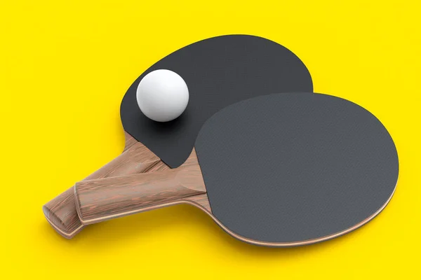 乒乓球用乒乓球副球拍 球在黄色背景上隔离 3D为现役训练提供体育装备 — 图库照片