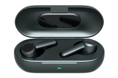 Kablosuz kulaklıkların beyaz arka plandaki baz kutusunda 3 boyutlu görüntüsü. Egzersiz ya da dinleme hizmetleri için kulaklık kavramı