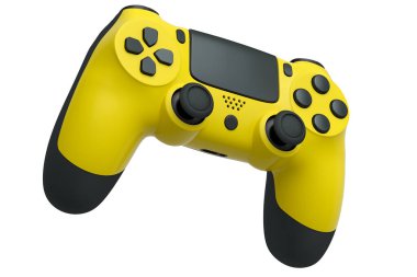 Beyaz arka planda gerçekçi sarı video oyunu joystick 'i. Bulut oyunu ve oyun alanı çalışma alanı konsepti için 3 boyutlu görüntüleme