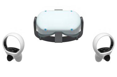 Sanal gerçeklik gözlükleri ve kontrol cihazları çevrimiçi ve beyaz arka planda bulut oyunları için. Artırılmış gerçeklikte sanal tasarım için 3B görüntüleme aygıtı veya VR içindeki sanal oyun