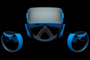 Sanal gerçeklik gözlükleri ve çevrimiçi ve siyah arka plandaki bulut oyunları için kontrolörler. Artırılmış gerçeklikte sanal tasarım için 3B görüntüleme aygıtı veya VR içindeki sanal oyun