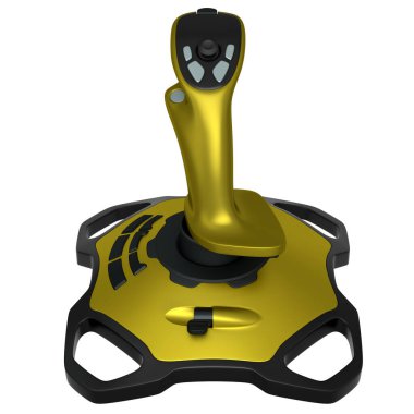 Uçuş simülatörü için gerçekçi joystick beyaz arka planda izole edilmiş. Bulut oyunu ya da oyun alanı çalışma alanı konsepti için 3 boyutlu görüntüleme