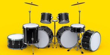 Sarı arka planda metal zilleri olan gerçekçi davullar. 3D render müzik perküsyon enstrümanı, davul makinesi ve bateri seti