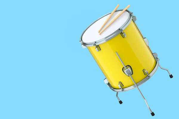 本物のドラムと木製のドラムスティックブルーの背景にあります ドラムマシンの3Dレンダリングコンセプト — ストック写真