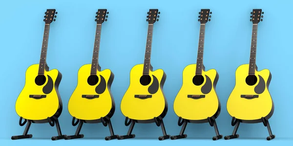 Ensemble Guitare Acoustique Isolé Sur Fond Bleu Rendu Concept Pour — Photo