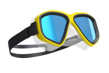 Sarı dalış maskesi beyaz arka planda izole edilmiş. 3D dalış ve şnorkelle yüzme ekipmanı