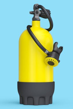 Sarı dalış tankı mavi arka planda izole edilmiş şnorkelle yüzmek için tam oksijen. Yaz tatili için 3D dalış ve spor malzemesi.