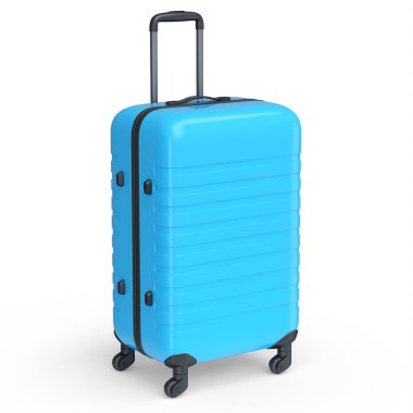 Regular blue polycarbonate suitcase isolated on white background. 3d render travel concept of baggage or luggage