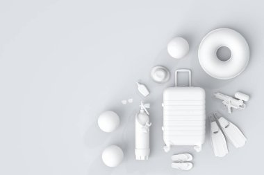 Renkli bavul ya da tek renkli beyaz arka planda plaj aksesuarları olan bagaj. Yaz tatili konsepti ve tatillerinin 3 boyutlu canlandırması