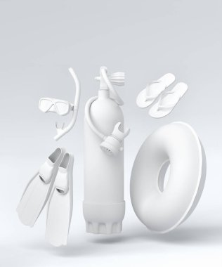 Renkli dalış şeyleri ve şemsiye gibi plaj aksesuarları, parmak arası terlikler ve tek renkli beyaz arka planda şişme yüzük. Yaz tatili konsepti ve tatillerinin 3 boyutlu canlandırması